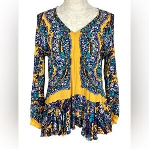 Free People Long Sleeve Lovely Dreams Tunic Top yellow blue floral boho